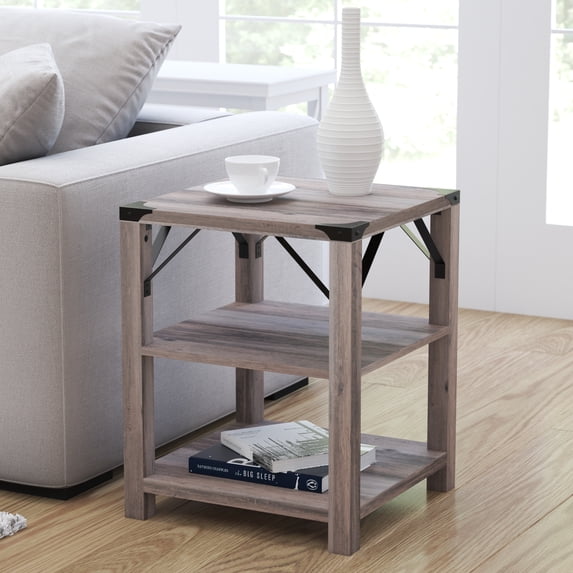 Merrick Lane Modern Farmhouse Engineered Wood End Table with Two Tiered Shelving and Powder Coated Steel Accents in Gray Wash