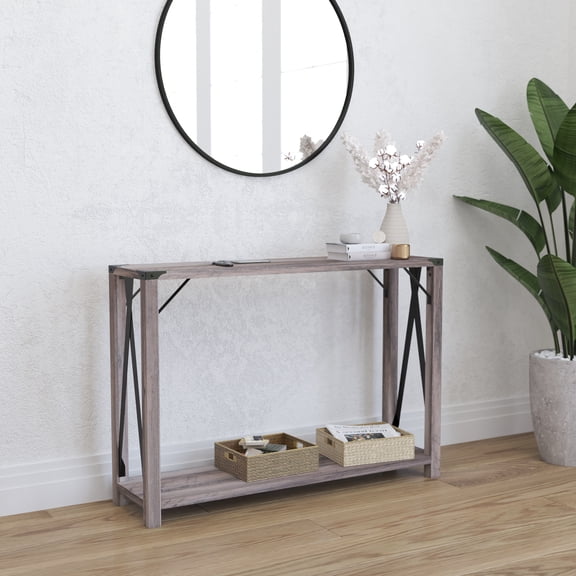 Merrick Lane Modern Farmhouse Engineered Wood Entryway Table and Powder Coated Steel Accents in Gray Wash
