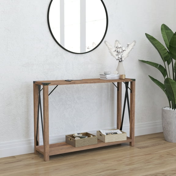 Merrick Lane Modern Farmhouse Engineered Wood Entryway Table and Powder Coated Steel Accents in Rustic Oak