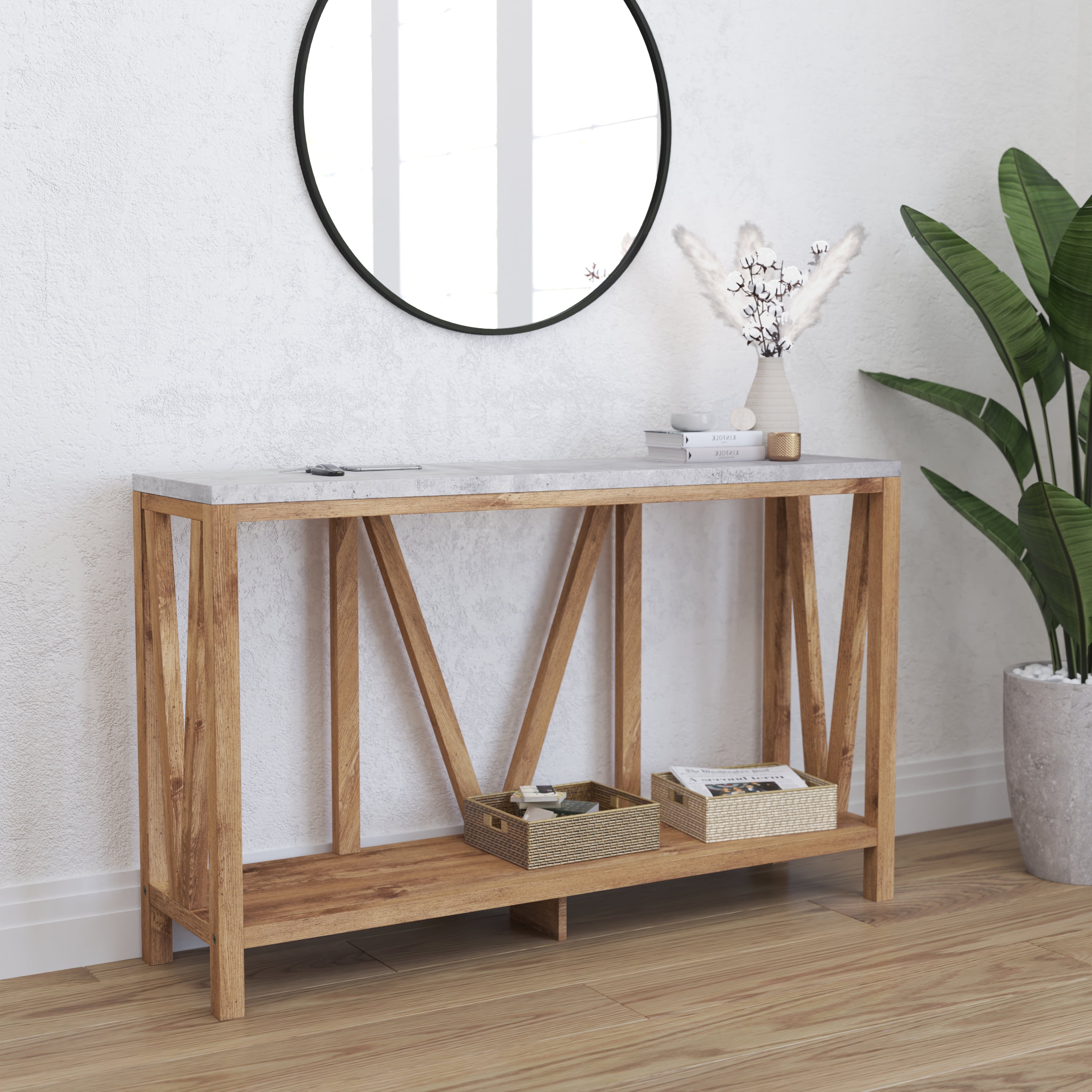 Warm Oak and Concrete Modern Farmhouse Sofa Table with Storage