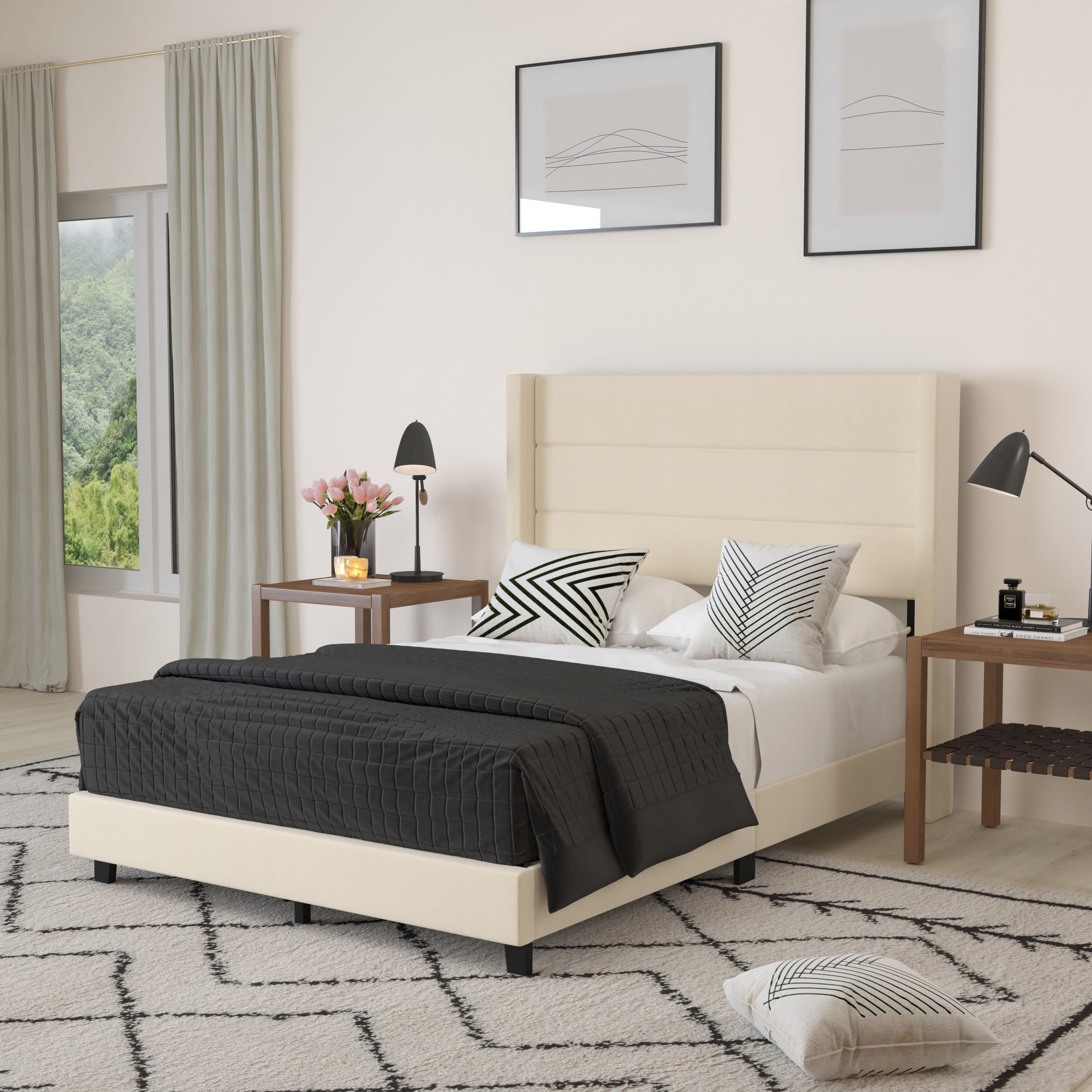 Merrick Lane Modern Full Platform Bed with Padded Channel Stitched Beige Faux Linen Upholstered Wingback Headboard and 6 Underbed Clearance Beige