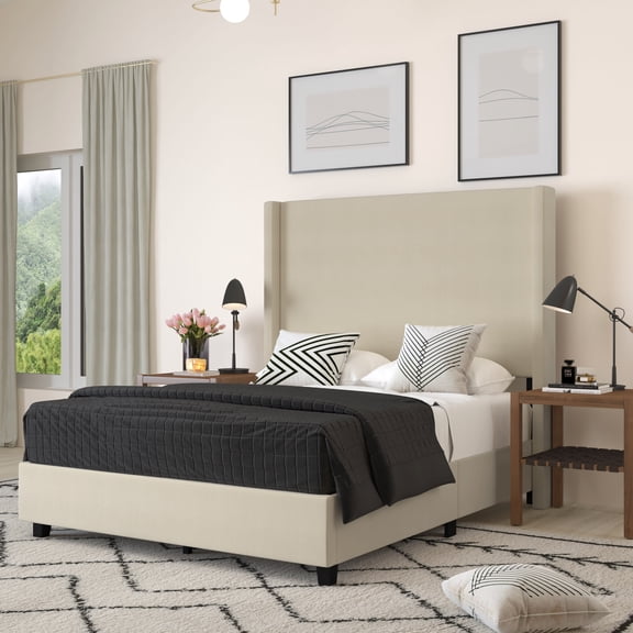 Merrick Lane Modern Full Size Platform Bed Frame with Padded Faux Linen Upholstered Wingback Headboard and Wood Support Slats in Beige