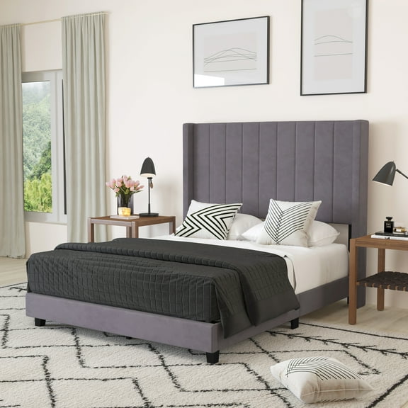 Merrick Lane Modern Gray Velvet Upholstered Full Platform Bed Frame with Padded, Tufted Wingback Headboard and Wood Support Slats, No Box Spring Required