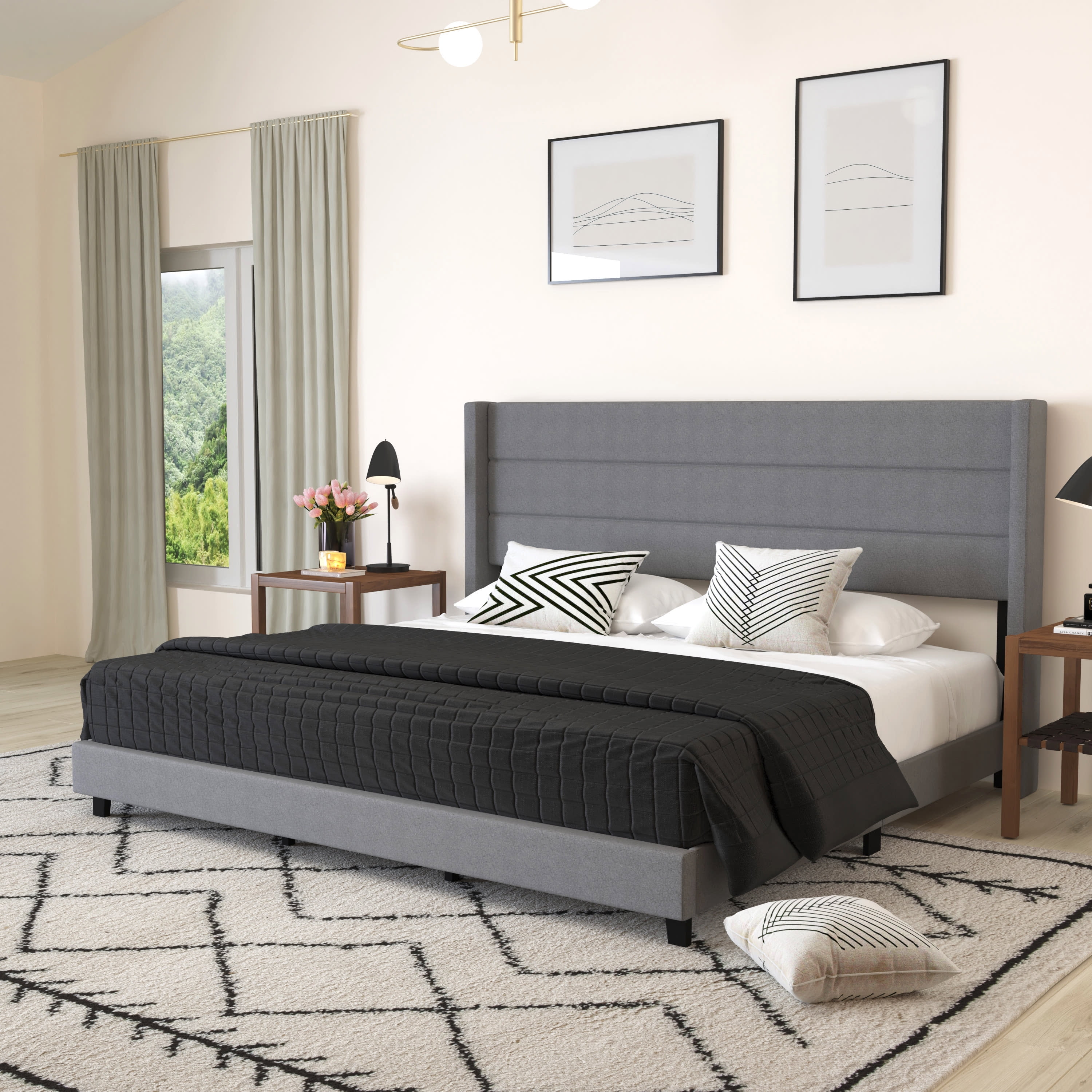 Merrick Lane Modern King Platform Bed with Padded Channel Stitched Gray Faux Linen Upholstered Wingback Headboard and 6 Underbed Clearance Walmart