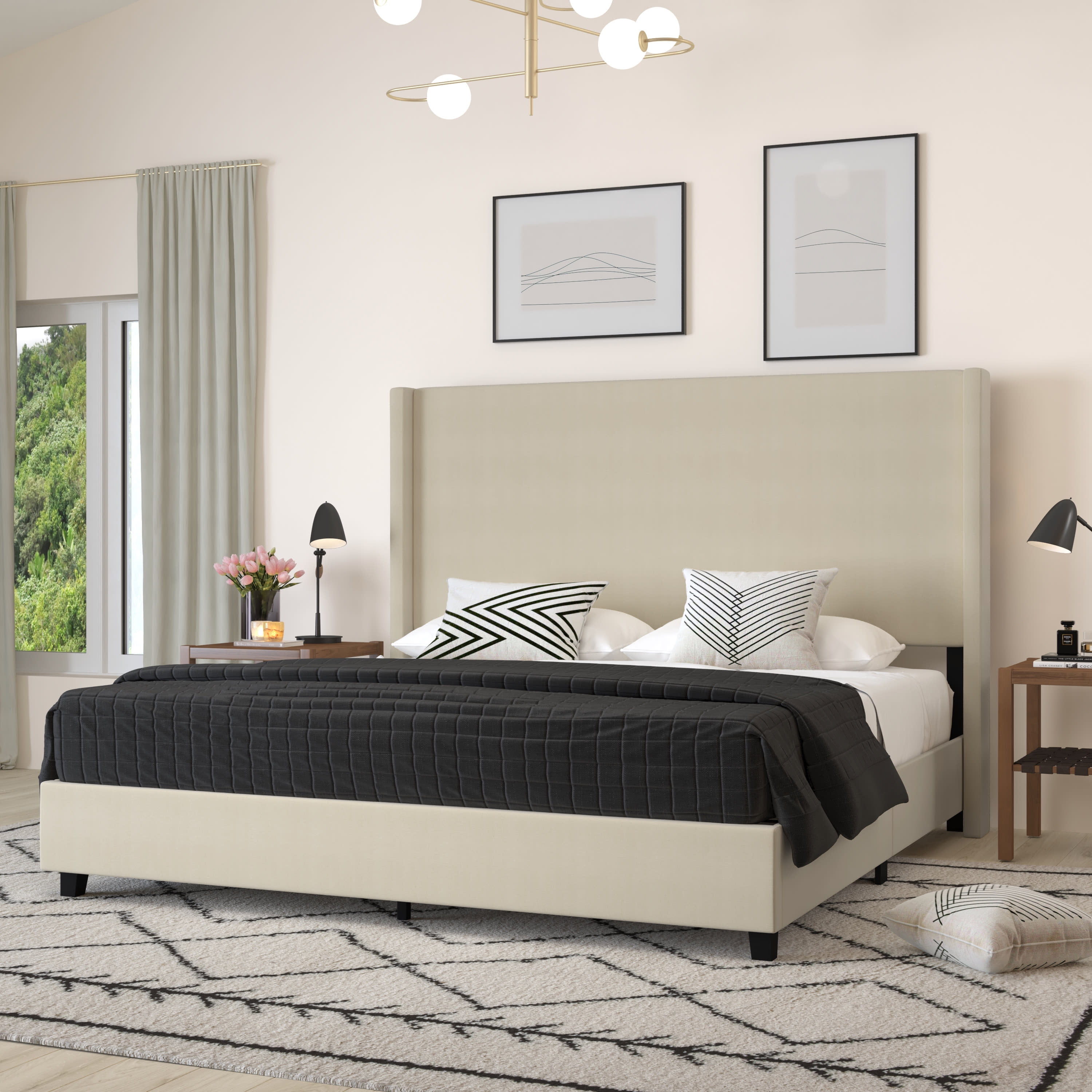 Merrick Lane Modern Platform Bed with Upholstered Wingback Headboard, King Size, Beige