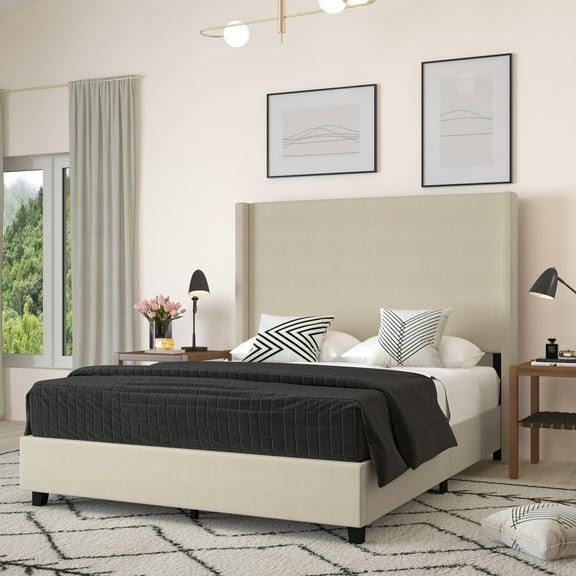 Merrick Lane Modern Platform Bed with Upholstered Wingback Headboard, Queen Size, Beige