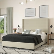 Merrick Lane Modern Queen Size Platform Bed Frame with Padded Faux Linen Upholstered Wingback Headboard and Wood Support Slats in Beige