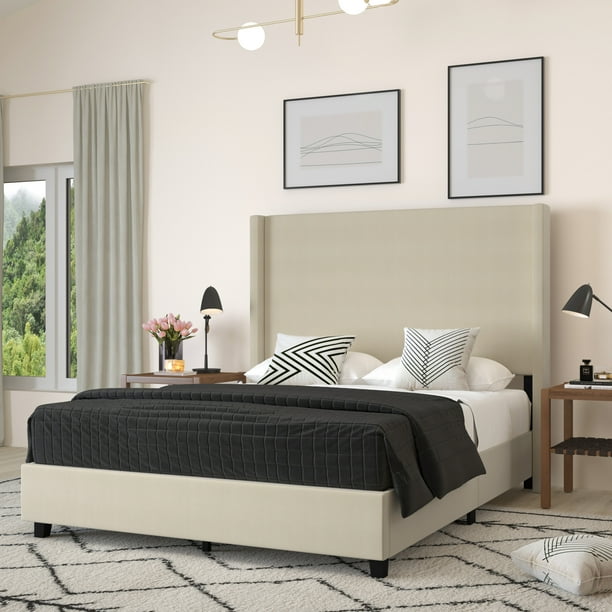 Merrick Lane Modern Queen Size Platform Bed Frame with Padded Faux ...