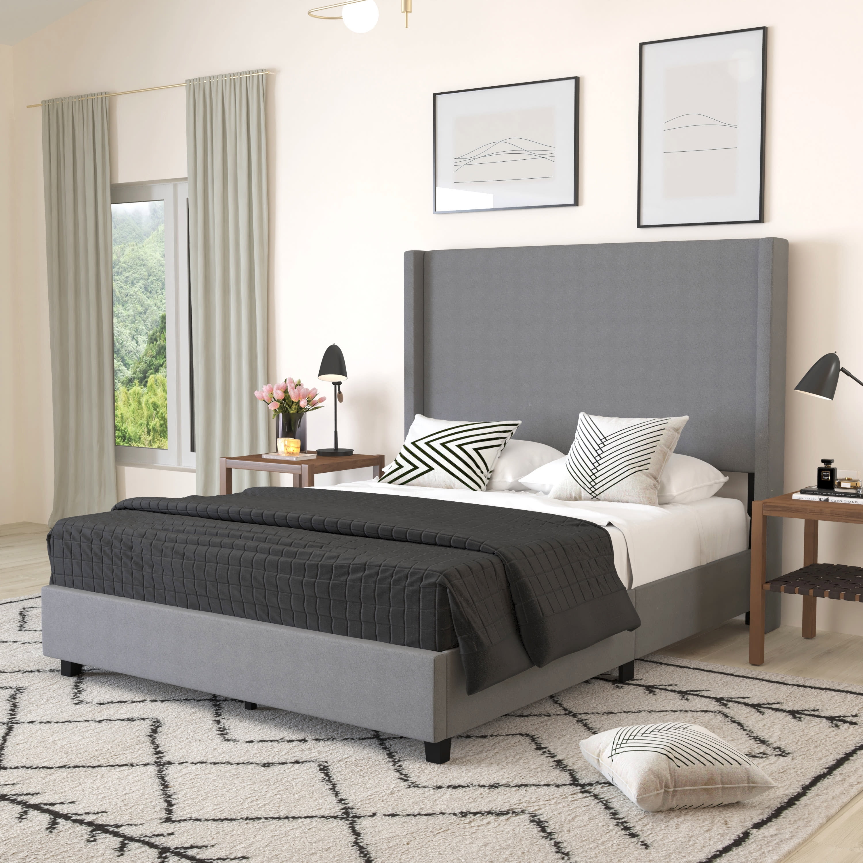 Merrick Lane Modern Queen Size Platform Bed Frame with Padded Faux Linen Upholstered Wingback Headboard and Wood Support Slats in Gray