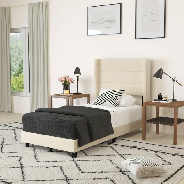 Merrick Lane Modern Twin Platform Bed with Padded Channel Stitched Beige Faux Linen Upholstered Wingback Headboard and 6" Underbed Clearance, Beige