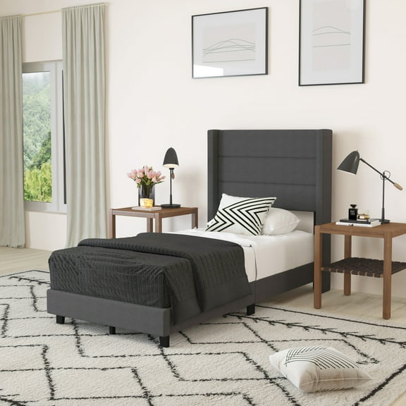 Merrick Lane Modern Twin Platform Bed with Padded Channel Stitched Charcoal Faux Linen Upholstered Wingback Headboard and 8.6" Underbed Clearance