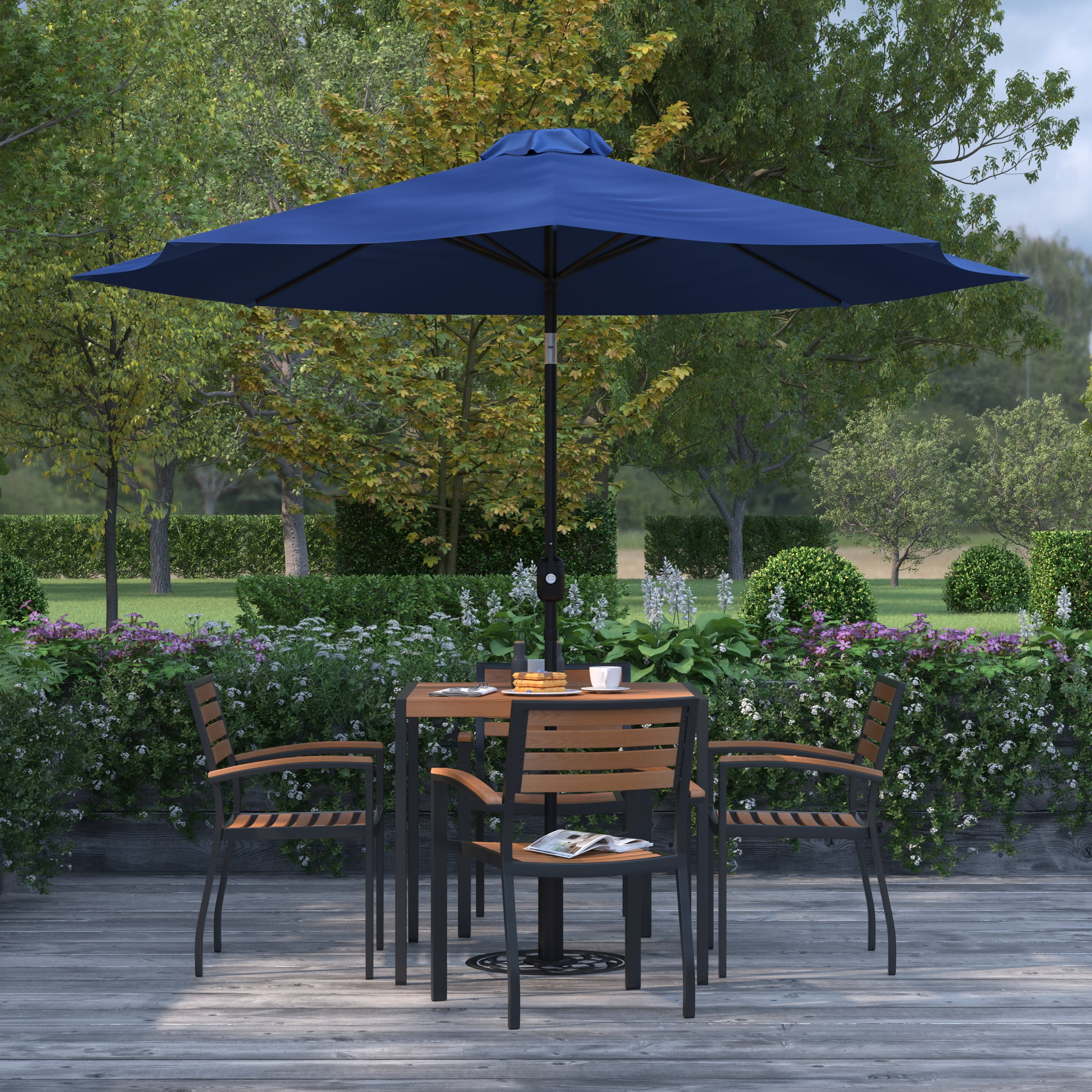 Merrick Lane Navy 9' Round UV Resistant Outdoor Patio Umbrella With Height Lever And 33° Push Button Tilt