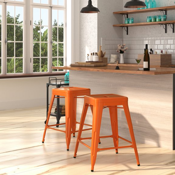 Merrick Lane Orange 24" High Backless Metal Counter Height Stool with Square Seat for Indoor-Outdoor Use