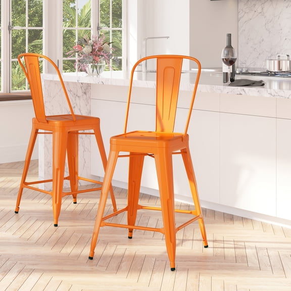Merrick Lane Orange 24" High Metal Counter Height Stool with Removable Back for Indoor-Outdoor Use