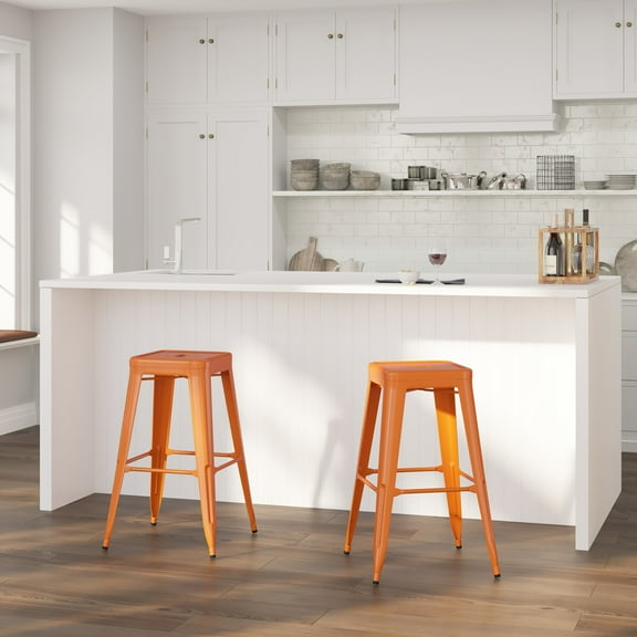 Merrick Lane Orange 30" High Backless Metal Bar Height Stool with Square Seat for Indoor-Outdoor Use