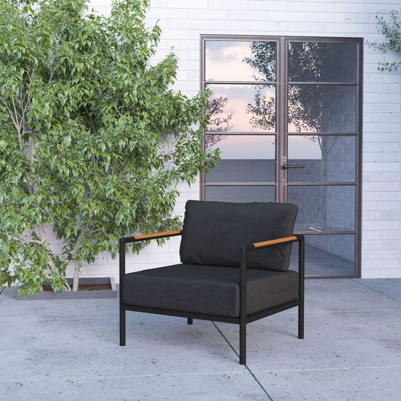 Merrick Lane Outdoor Accent Chair with Removable Charcoal Fabric Cushions and Black Teak Accented Aluminum Frame