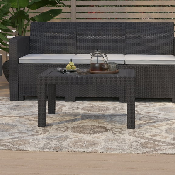 Merrick Lane Outdoor Coffee Table Dark Gray Faux Rattan Wicker Pattern Resin All-Weather Patio Coffee Table With Wood Plank Top Design
