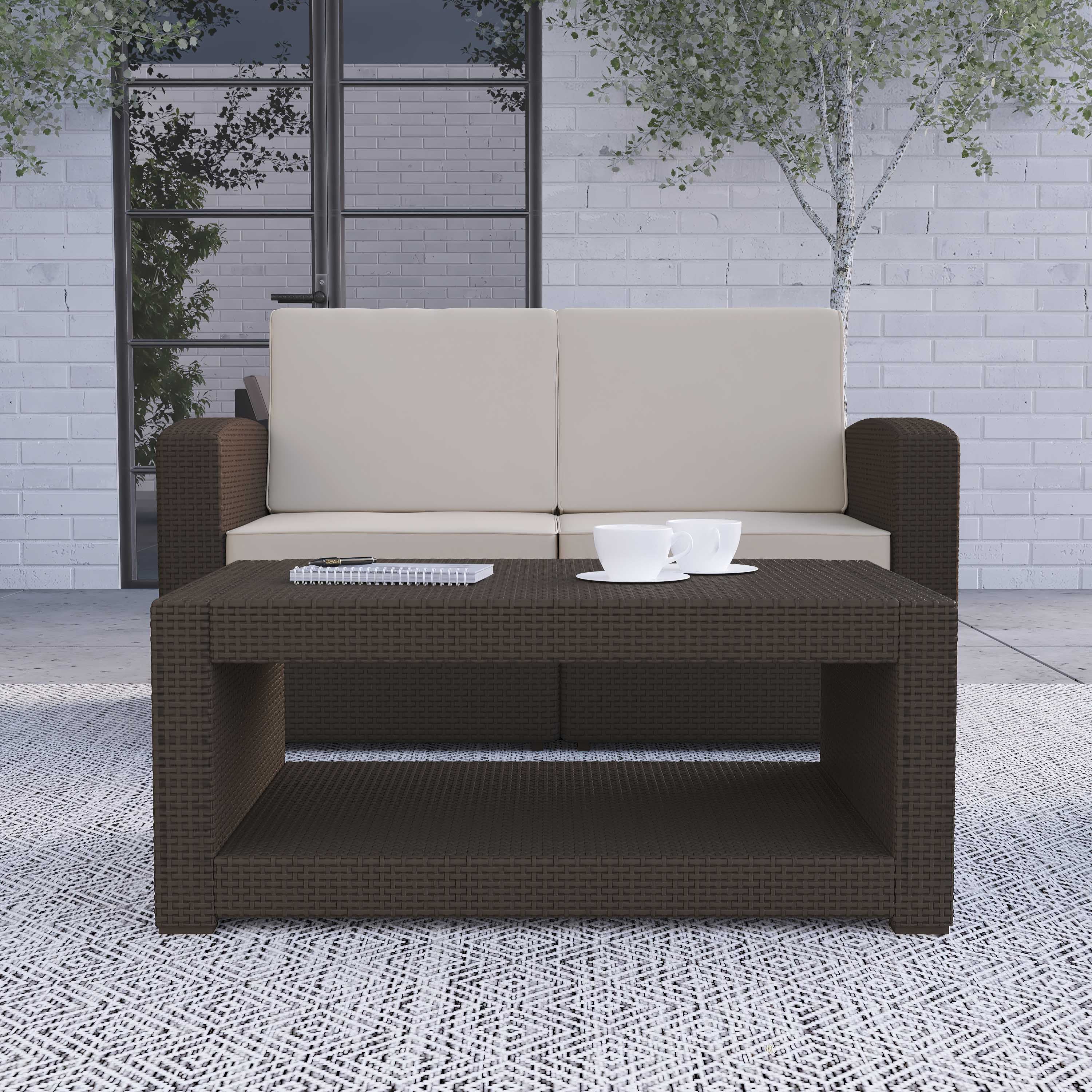 Merrick Lane Outdoor Furniture Coffee Table Chocolate Brown Faux Rattan