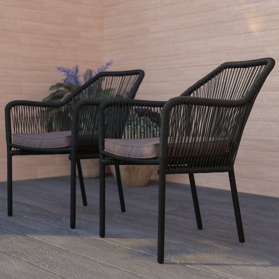 Merrick Lane Outdoor Furniture Sets 2 Piece Black All-Weather Woven Patio Chairs With Gray Cushions