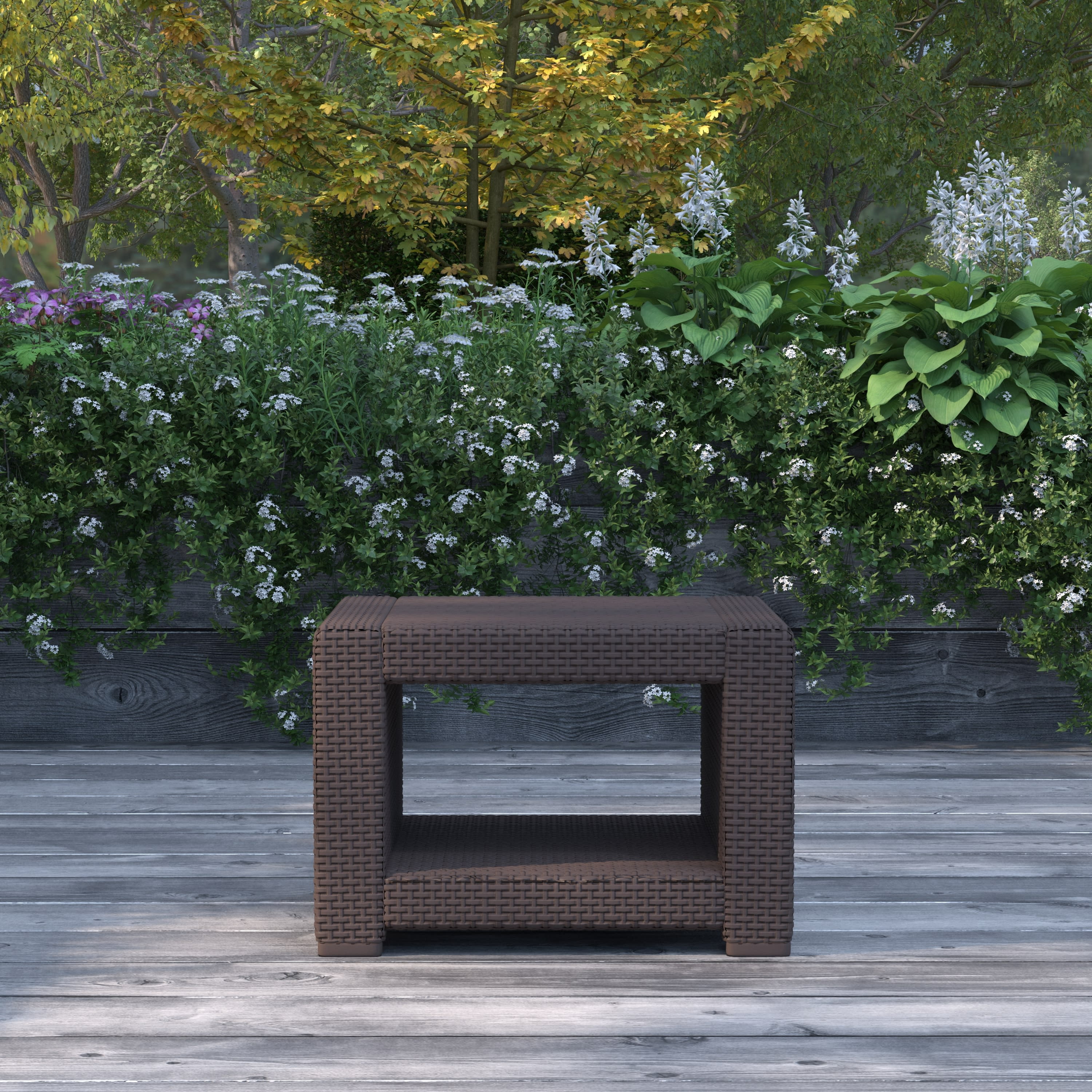 Merrick Lane Outdoor Furniture Side Table Chocolate Brown Faux Rattan Wicker Pattern All-Weather Patio Side Table With Shelving