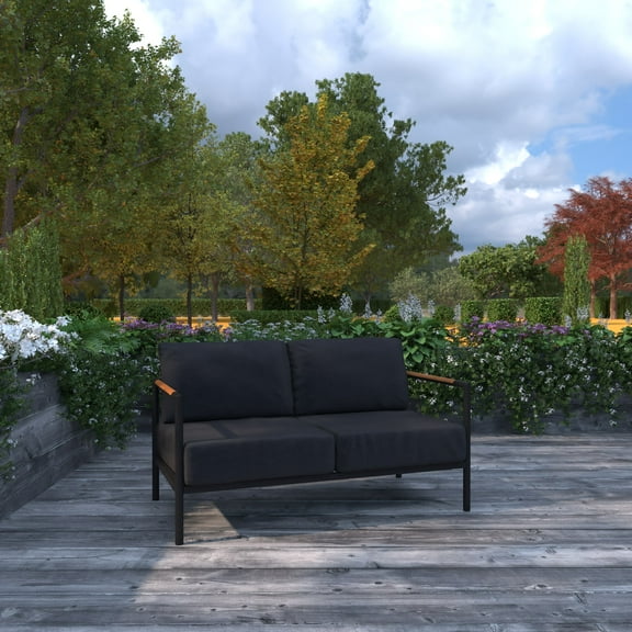 Merrick Lane Outdoor Loveseat with Removable Charcoal Fabric Cushions and Black Teak Accented Aluminum Frame