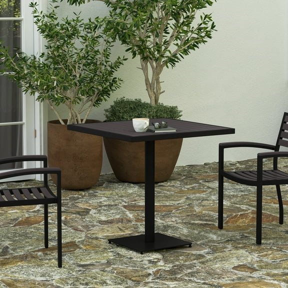 Merrick Lane Outdoor Patio Table All-Weather 30" Square Dining Table with Gray Wash Faux Teak Poly Slats - Steel Frame