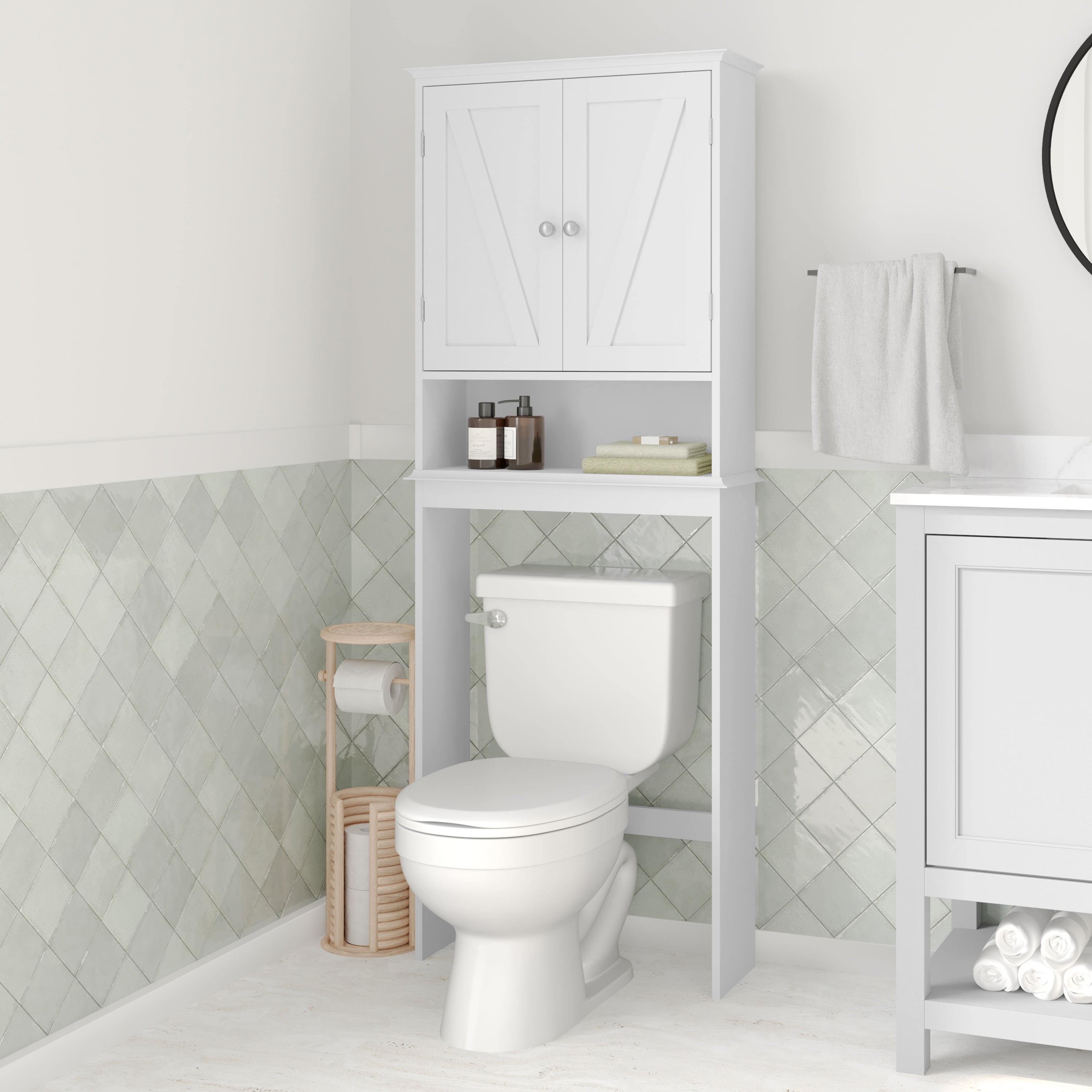 Merrick Lane Over the Toilet Bathroom Organizer with Shelves and Magnetic Closure Doors in White