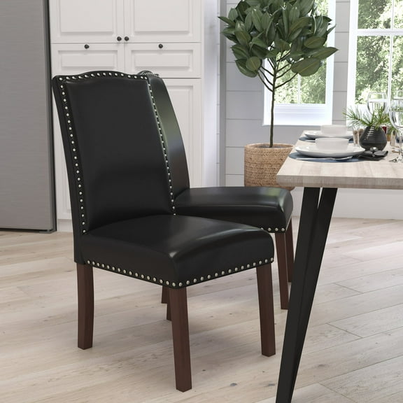 Merrick Lane Parsons Chair Plush Black Fabric Dining Chair with Accent Nail Trim and Mahogany Finished Wood Legs
