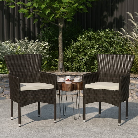 Merrick Lane Patio Chairs with Fade and Weather Resistant Espresso Wicker Wrapped Powder Coated Steel Frames & Cream Cushions-Set of 2