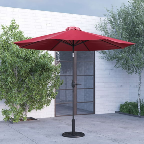 Merrick Lane Patio Umbrella with Base - 9' Red Polyester Patio Umbrella - 30+ UV Protection - Waterproof Black Cement Base with 1.5" Diameter Aluminum Pole