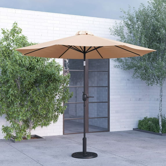 Merrick Lane Patio Umbrella with Base - 9' Tan Polyester Patio Umbrella - 30+ UV Protection - Waterproof Black Cement Base with 1.5" Diameter Aluminum Pole