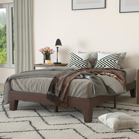 Merrick Lane Platform Bed Frame, Walnut Finish Finish Wood Full Size Platform Bed Frame With Slatted Support, No Box Spring Needed