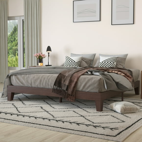 Merrick Lane Platform Bed Frame, Walnut Finish Finish Wood King Size Platform Bed Frame With Slatted Support, No Box Spring Needed
