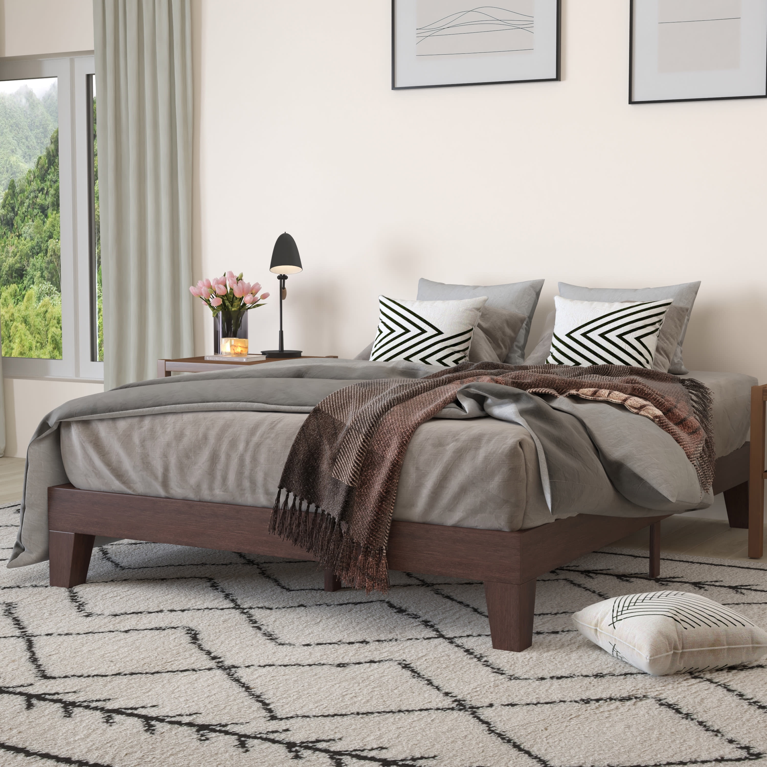 Walnut Finish Queen Wood Platform Bed Frame with Slats
