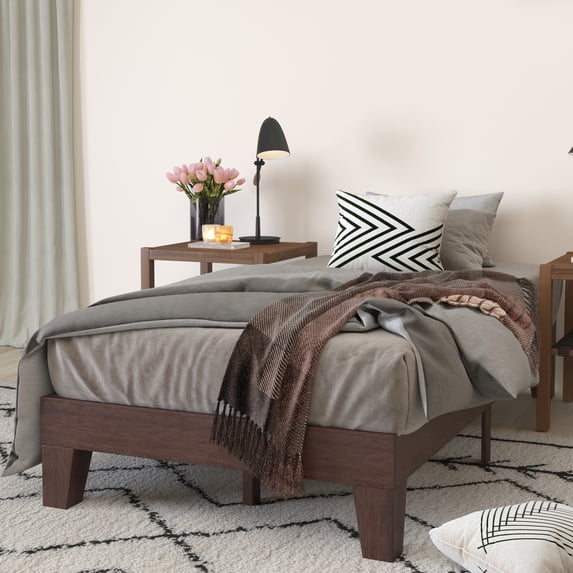 Merrick Lane Platform Bed Frame, Walnut Finish Finish Wood Twin Size Platform Bed Frame With Slatted Support, No Box Spring Needed