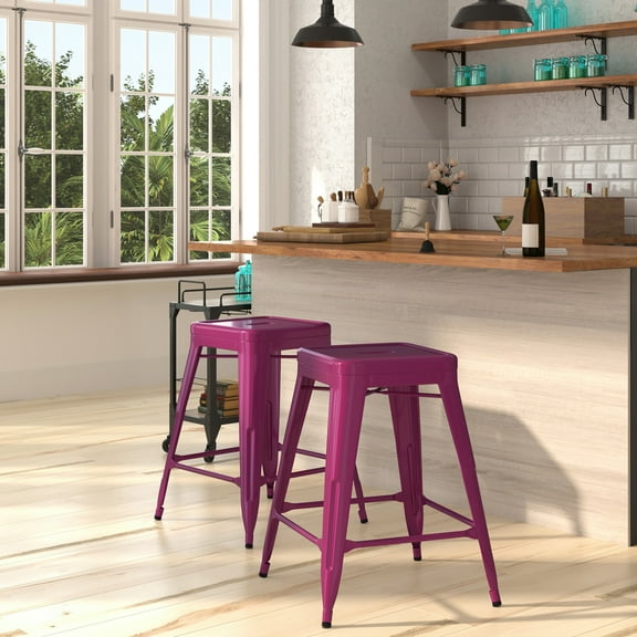 Merrick Lane Purple 24" High Backless Metal Counter Height Stool with Square Seat for Indoor-Outdoor Use