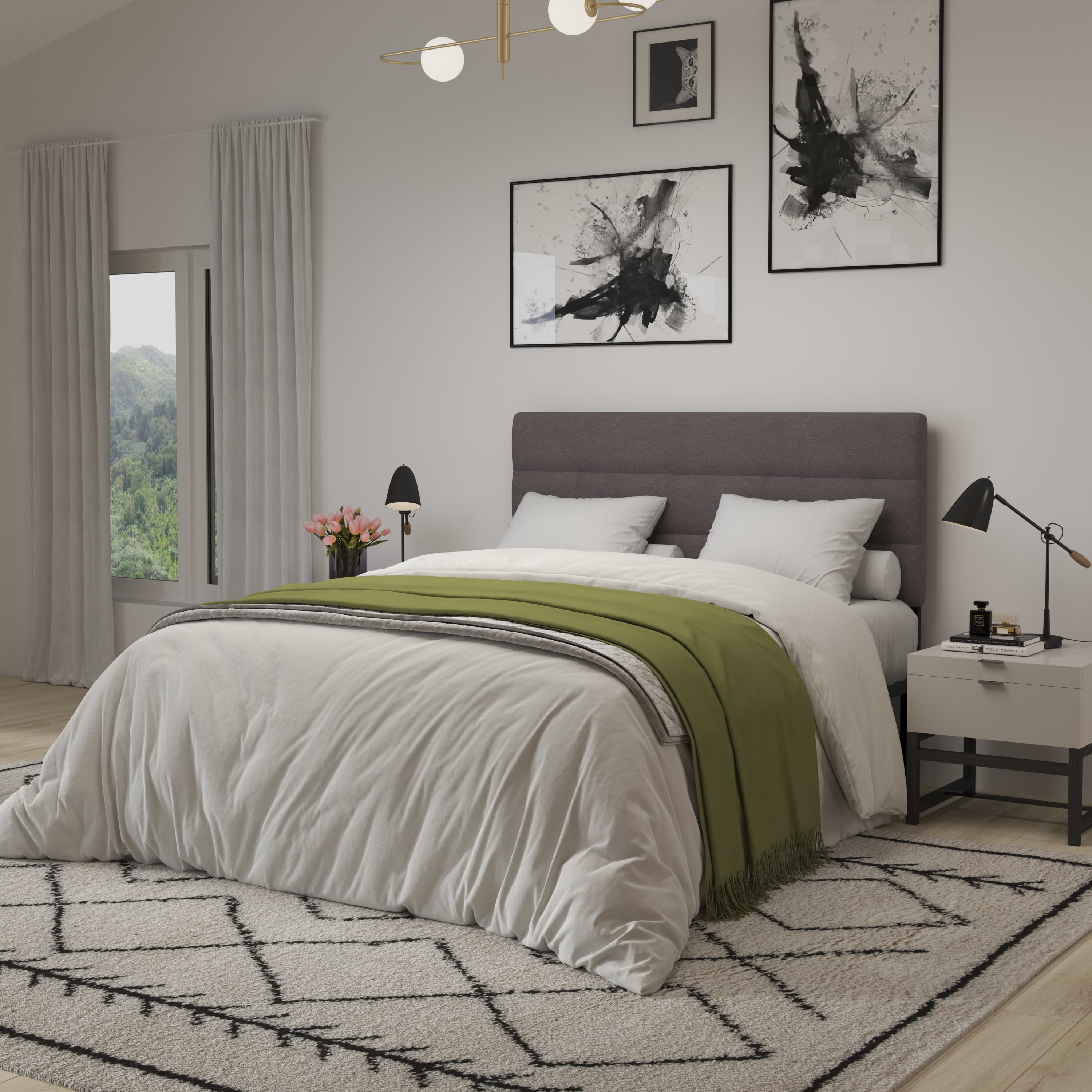 Merrick Lane Queen Headboard with Gray Tufted Fabric Upholstery and Powder Coated Metal Frame