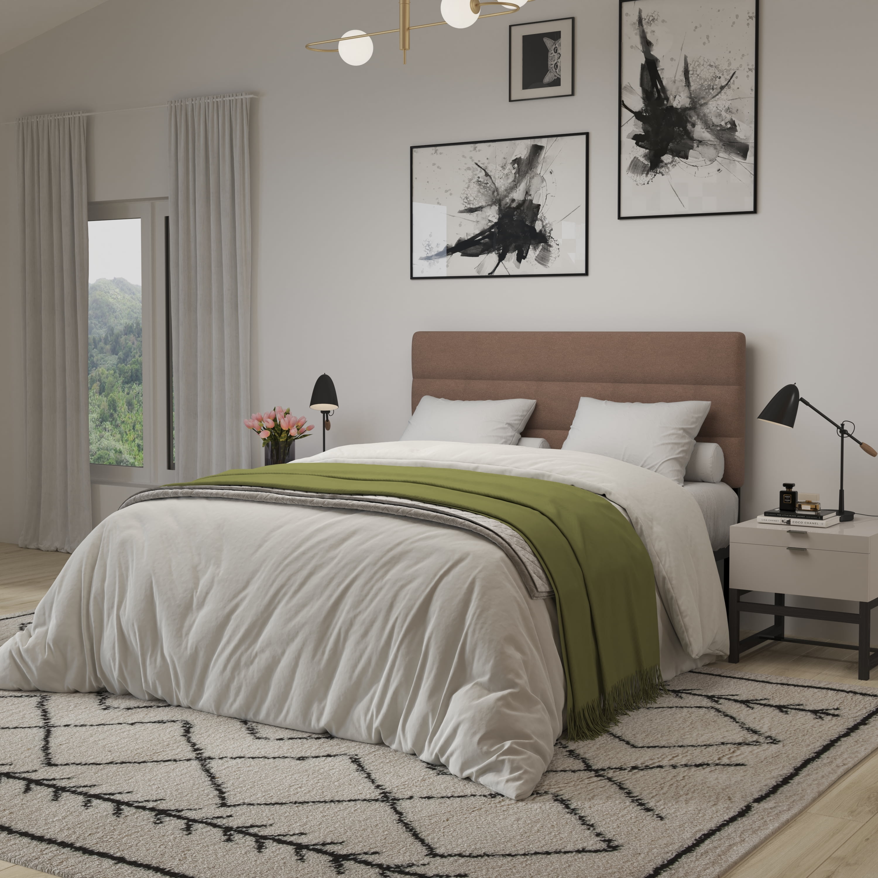 Merrick Lane Queen Headboard with Taupe Tufted Fabric Upholstery and Powder Coated Metal Frame