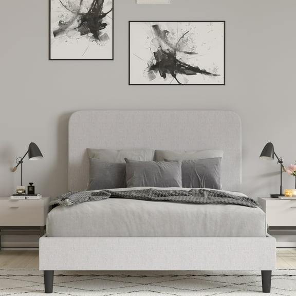 Merrick Lane Queen Platform Bed with Headboard - Light Grey Fabric Upholstered Frame - 14 Wooden Slats - No Box Spring Required
