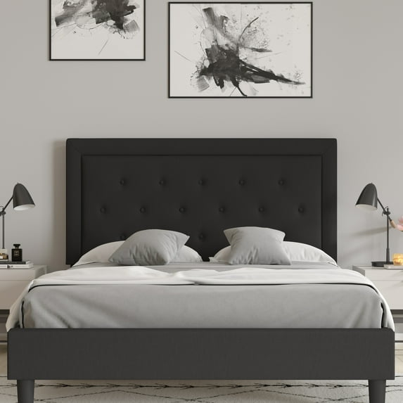 Merrick Lane Queen Size Platform Bed Tufted Upholstered Platform Bed in Black Fabric