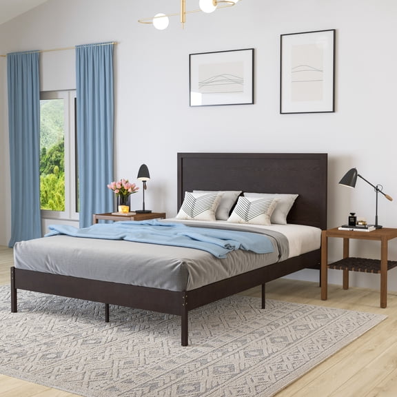 Merrick Lane Queen Size Solid Wood Platform Bed with Wooden Slats and Headboard, No Box Spring Needed, Dark Brown