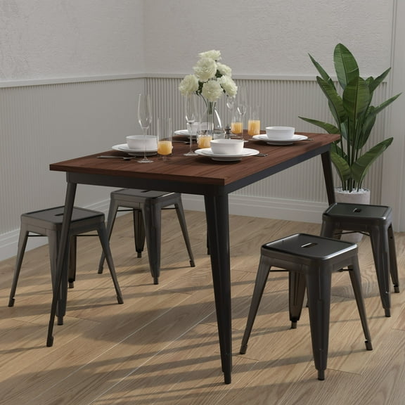 Merrick Lane Rectangular Black Steel Frame Square Table With Walnut Wood Top
