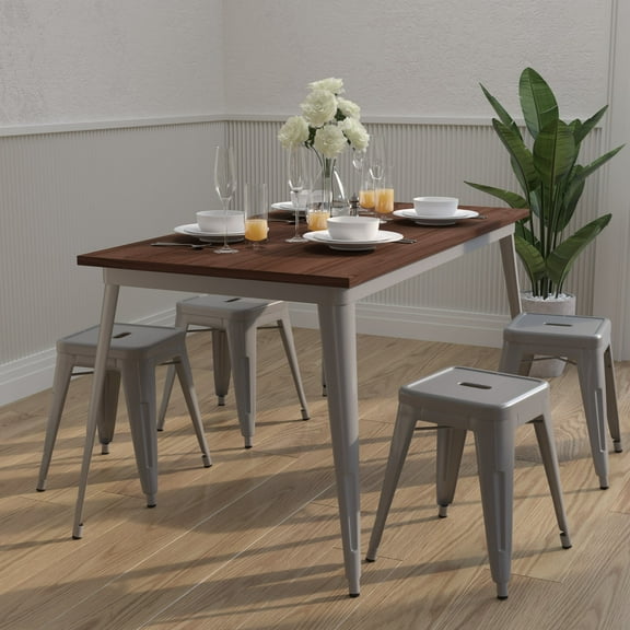 Merrick Lane Rectangular Silver Steel Frame Square Table With Walnut Wood Top