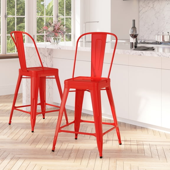 Merrick Lane Red 24" High Metal Counter Height Stool with Removable Back for Indoor-Outdoor Use