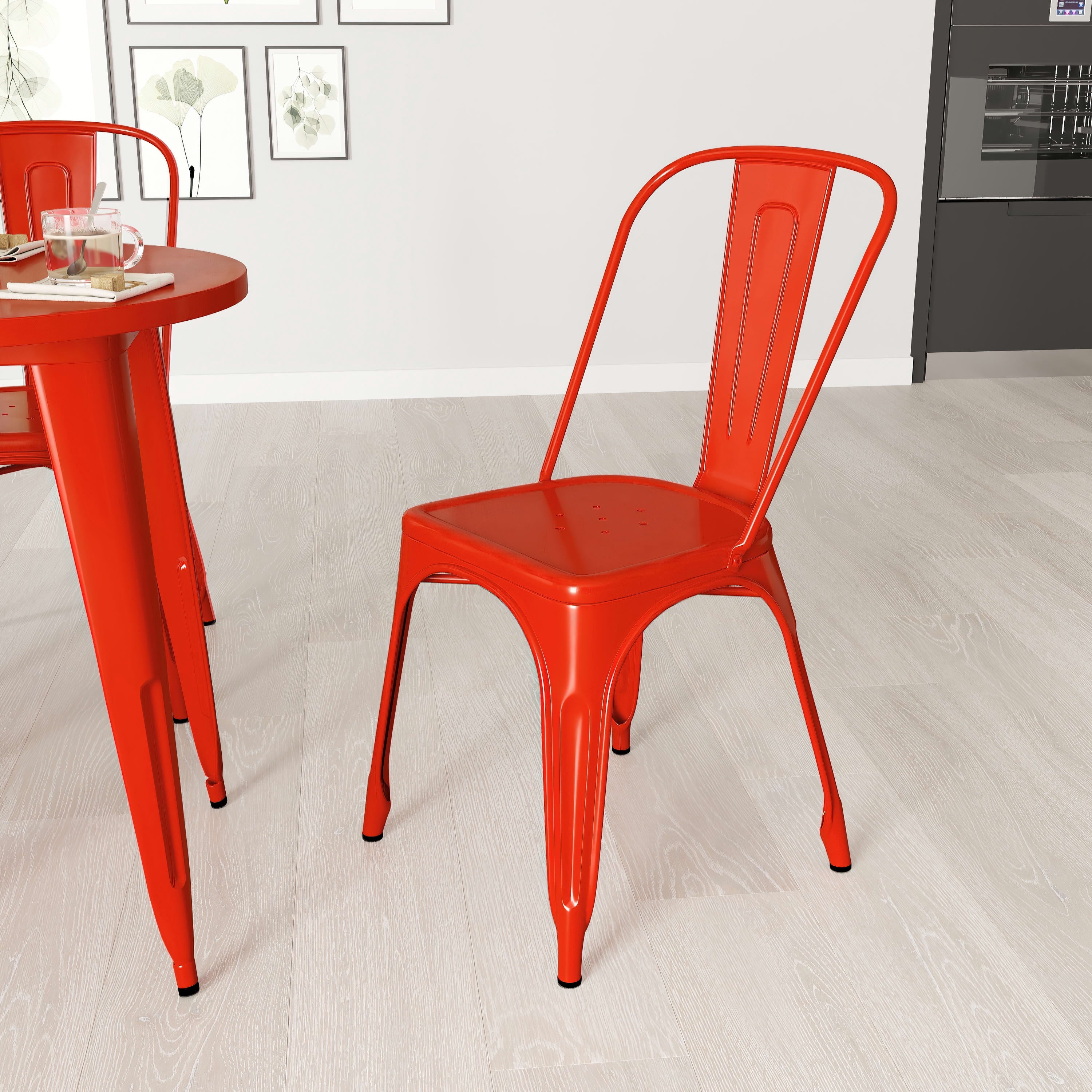 Merrick Lane Red Metal Dining Chair, Curved Slatted Back, Square Seat ...