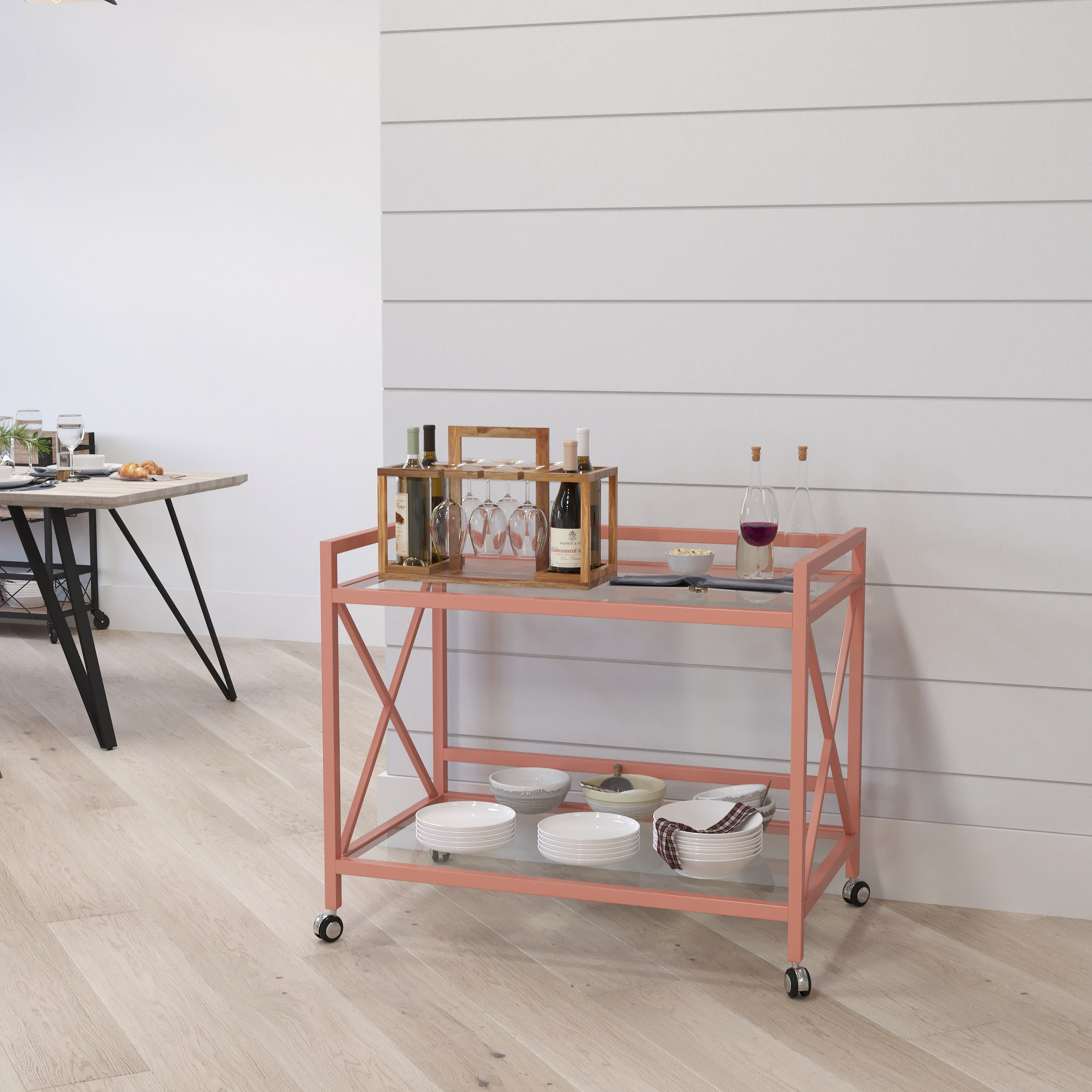 Merrick Lane Rolling Bar Cart Contemporary Kitchen Serving Cart with Mirrored Bottom Shelf and Crisscross Rose Gold Metal Frame
