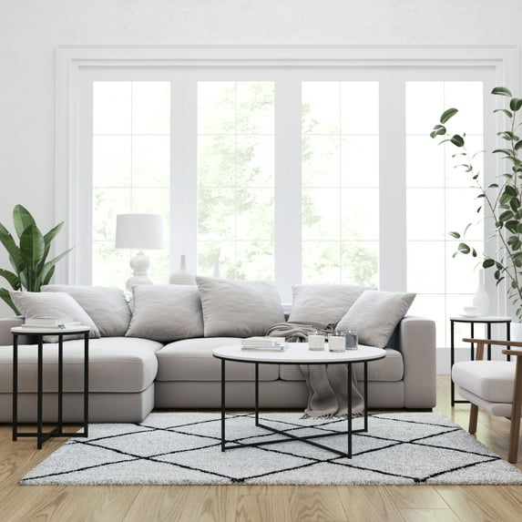 Merrick Lane Round Coffee Table Set - 3 Piece White Coffee Table Set with Matte Black Crisscross Frame - Coffee Table & 2 End Tables