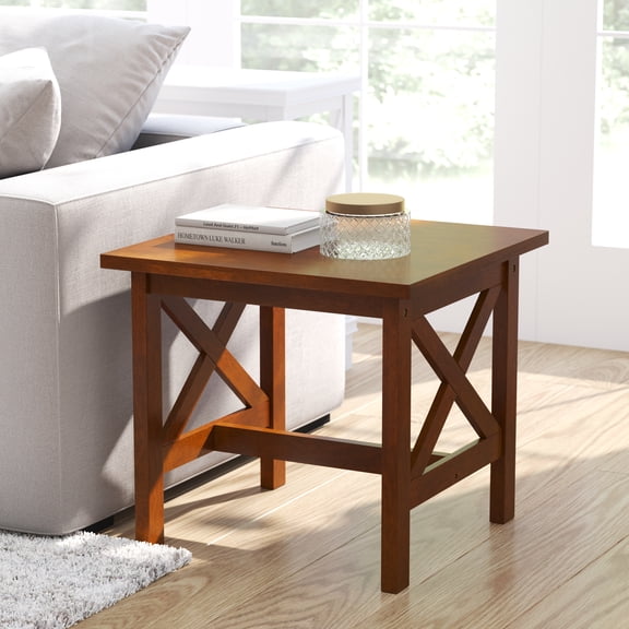 Merrick Lane Rustic End Table, Farmhouse Style Solid Wood Accent Table in Walnut