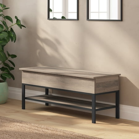 Merrick Lane Rustic Farmhouse Entryway Bench with Bottom Storage Shelf in Gray Wash