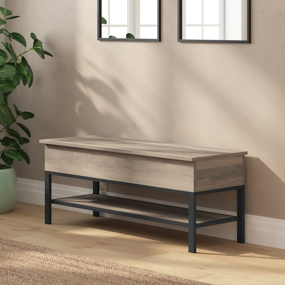 Merrick Lane Rustic Farmhouse Entryway Bench with Bottom Storage Shelf in Gray Wash
